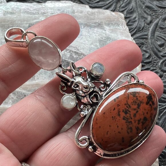 Mahogany Obsidian Rainbow Moonstone and Rose Quartz Rabbit Crystal Pendant - Picture 3 of 7